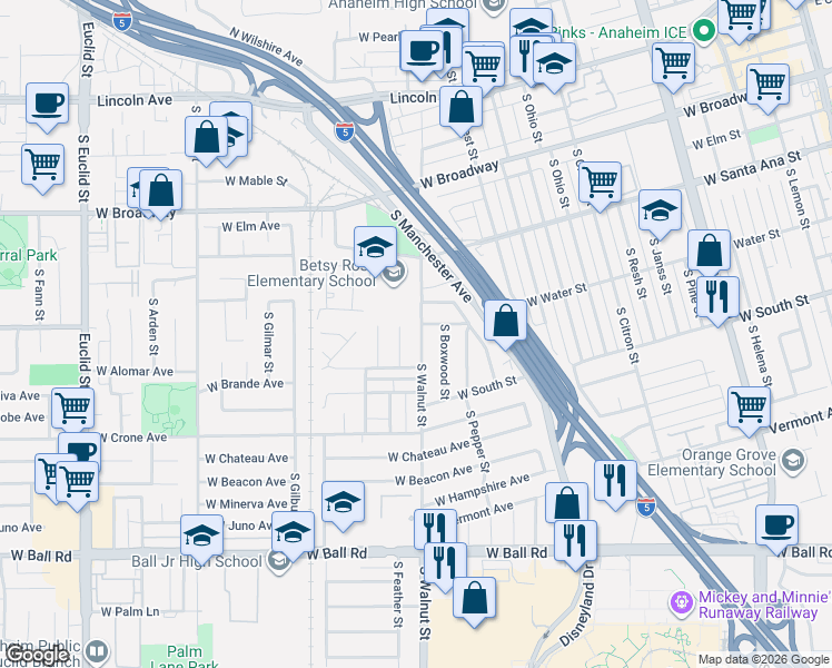 map of restaurants, bars, coffee shops, grocery stores, and more near 605-611 S Walnut St in Anaheim