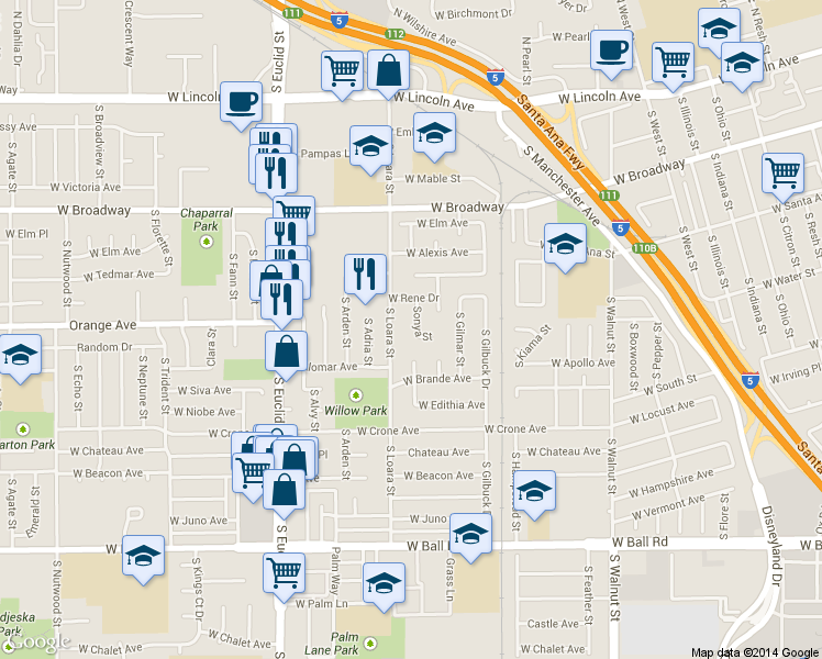 map of restaurants, bars, coffee shops, grocery stores, and more near 568 Sonya Street in Anaheim