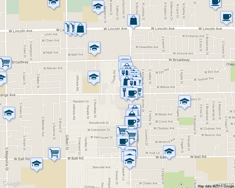 map of restaurants, bars, coffee shops, grocery stores, and more near 519 South Brookhurst Street in Anaheim