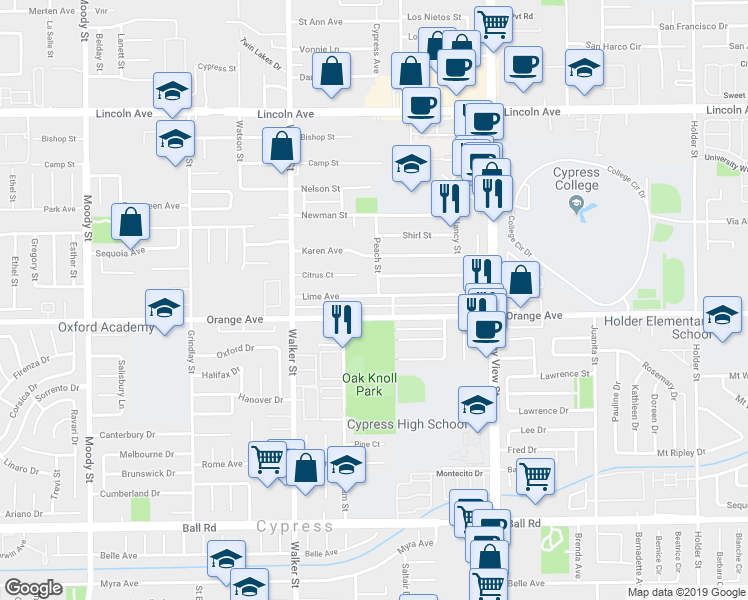 map of restaurants, bars, coffee shops, grocery stores, and more near 5692 Lime Avenue in Cypress