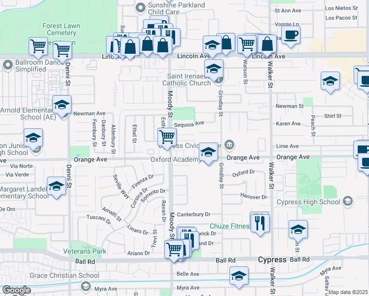 map of restaurants, bars, coffee shops, grocery stores, and more near 5081 Moody Street in Cypress