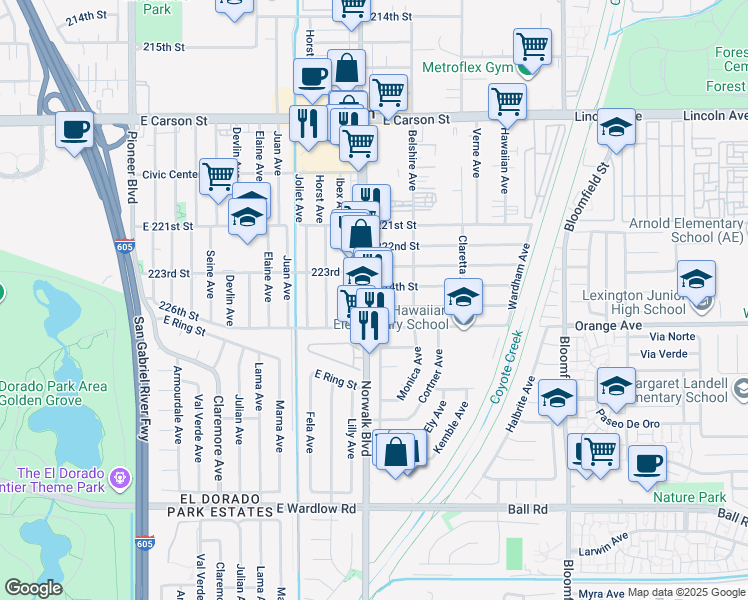 map of restaurants, bars, coffee shops, grocery stores, and more near 12219 Brittain Street in Hawaiian Gardens
