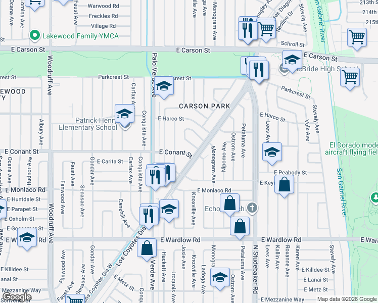 map of restaurants, bars, coffee shops, grocery stores, and more near 6513 East Conant Street in Long Beach
