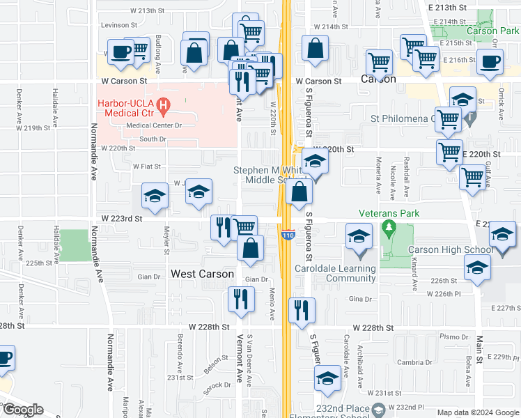 map of restaurants, bars, coffee shops, grocery stores, and more near 22230 Vermont Avenue in Torrance