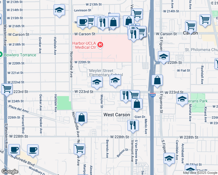 map of restaurants, bars, coffee shops, grocery stores, and more near 1011 West 223rd Street in Torrance