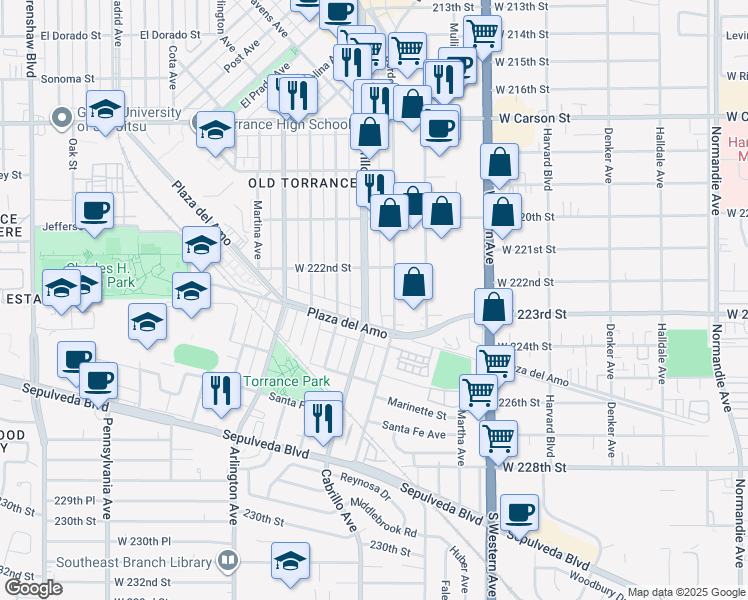 map of restaurants, bars, coffee shops, grocery stores, and more near 2306 Cabrillo Avenue in Torrance