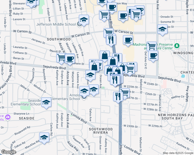 map of restaurants, bars, coffee shops, grocery stores, and more near 22333 Ocean Avenue in Torrance