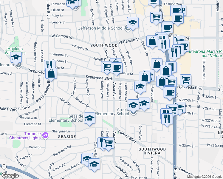 map of restaurants, bars, coffee shops, grocery stores, and more near 22410 Evalyn Avenue in Torrance