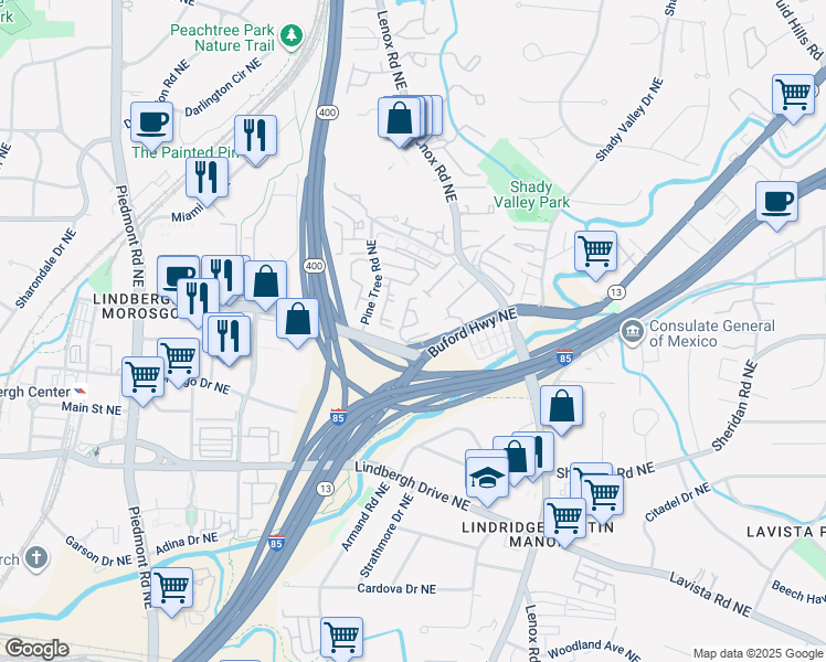 map of restaurants, bars, coffee shops, grocery stores, and more near 960 Sidney Marcus Boulevard Northeast in Atlanta