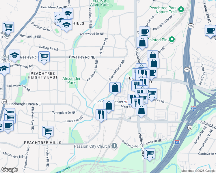 map of restaurants, bars, coffee shops, grocery stores, and more near 2591 Sharondale Drive Northeast in Atlanta