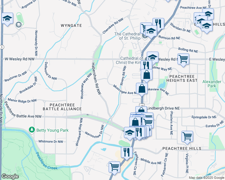 map of restaurants, bars, coffee shops, grocery stores, and more near 44 Muscogee Avenue Northwest in Atlanta