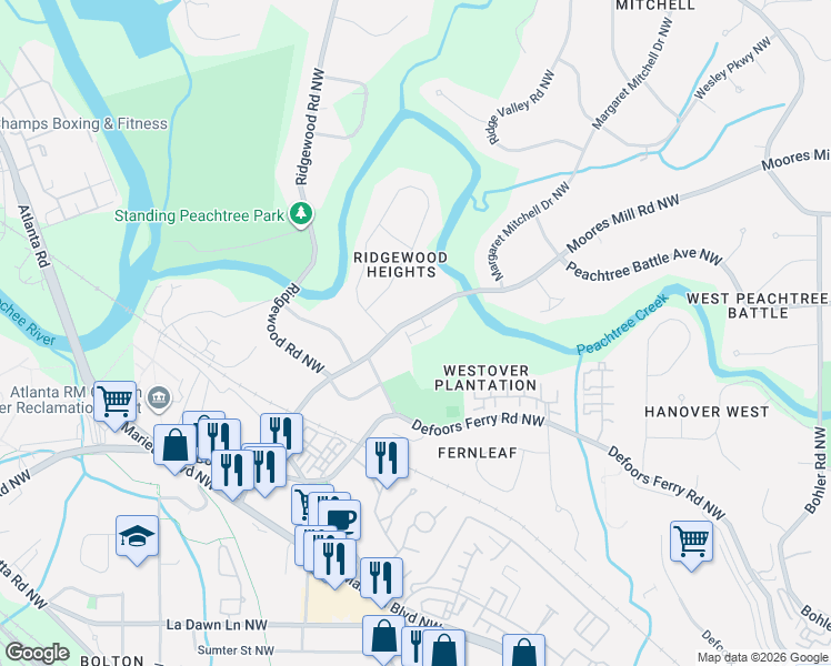 map of restaurants, bars, coffee shops, grocery stores, and more near 1770 Moores Mill Road Northwest in Atlanta