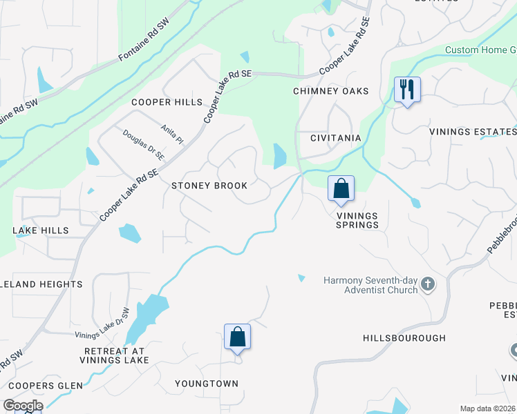 map of restaurants, bars, coffee shops, grocery stores, and more near 5110 Stoneywood Circle Southeast in Mableton
