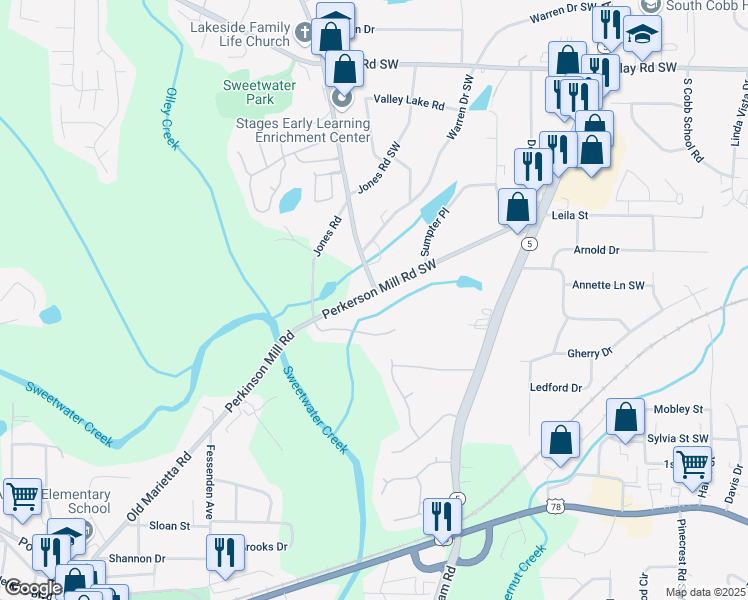 map of restaurants, bars, coffee shops, grocery stores, and more near 2291 Perkerson Mill Road Southwest in Austell