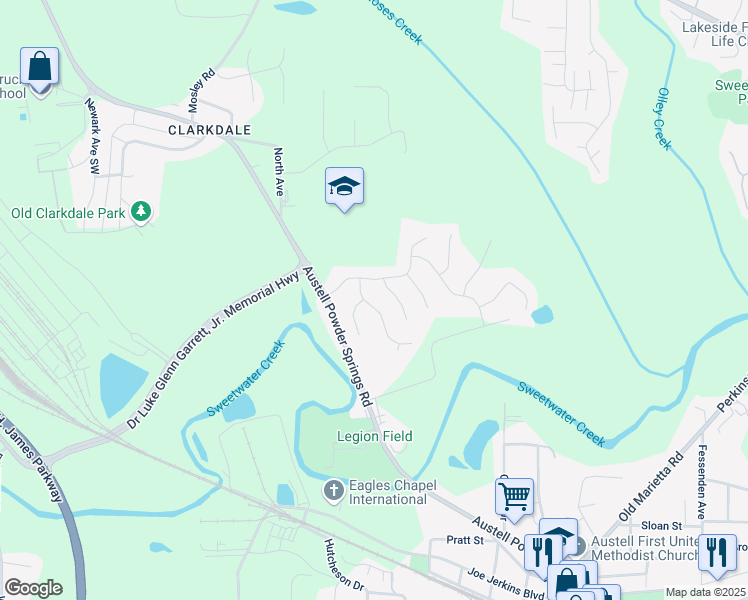 map of restaurants, bars, coffee shops, grocery stores, and more near 2030 Hydrangea Lane in Austell