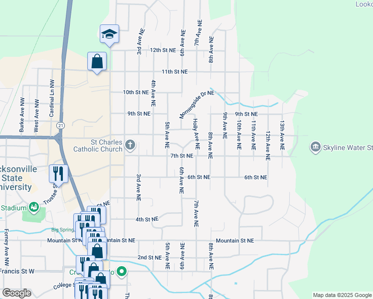 map of restaurants, bars, coffee shops, grocery stores, and more near 601 Circle Drive Northeast in Jacksonville