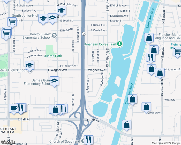 map of restaurants, bars, coffee shops, grocery stores, and more near 2725 East Maverick Avenue in Anaheim