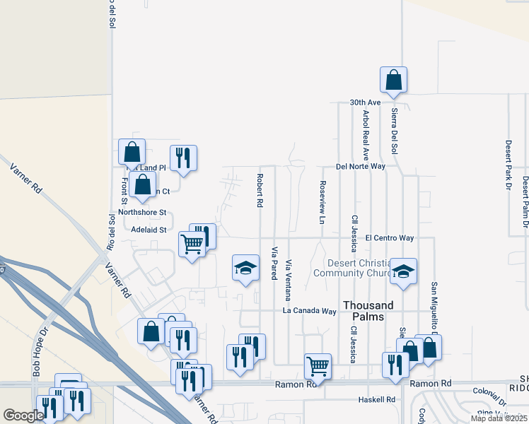 map of restaurants, bars, coffee shops, grocery stores, and more near 30836 Robert Road in Thousand Palms
