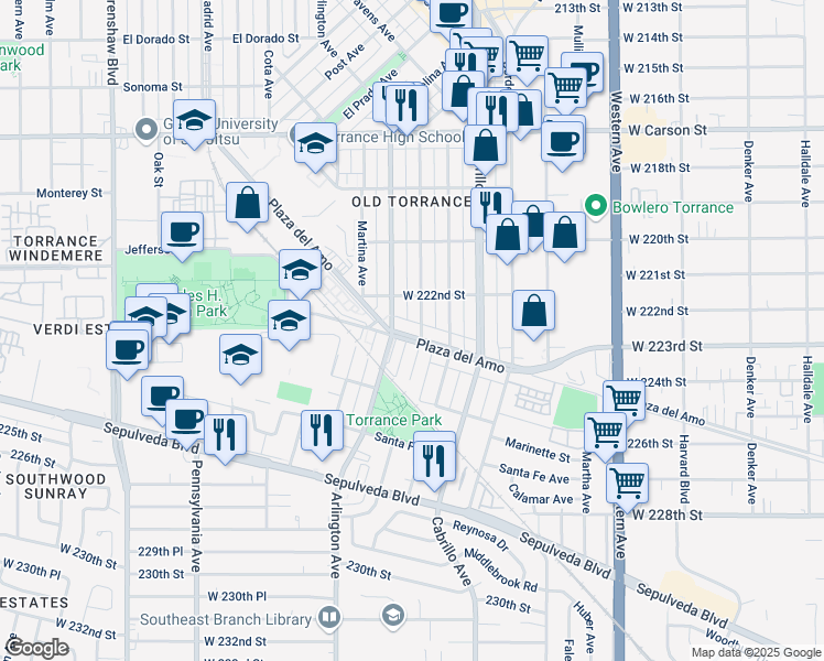 map of restaurants, bars, coffee shops, grocery stores, and more near 2007 Plaza del Amo in Torrance