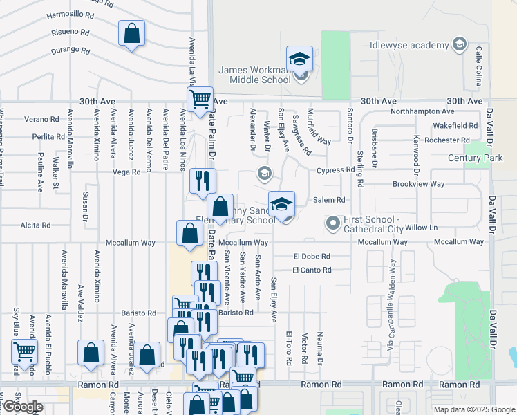 map of restaurants, bars, coffee shops, grocery stores, and more near 69205 Kemper Court in Cathedral City