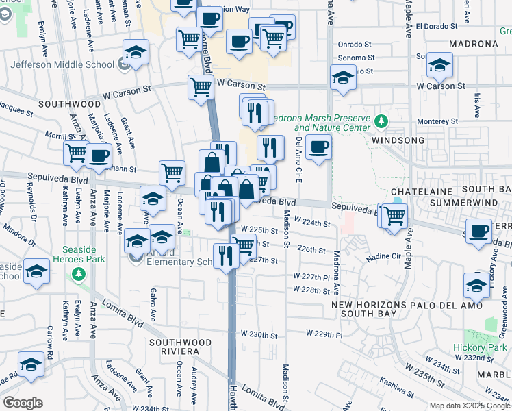 map of restaurants, bars, coffee shops, grocery stores, and more near 3812 Sepulveda Boulevard in Torrance