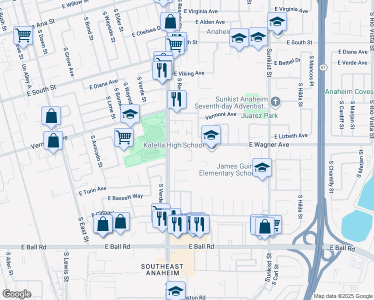map of restaurants, bars, coffee shops, grocery stores, and more near 901 South Laurenwood Lane in Anaheim