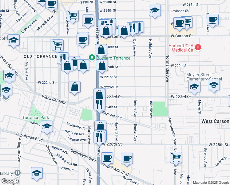 map of restaurants, bars, coffee shops, grocery stores, and more near 22215 Harvard Boulevard in Torrance