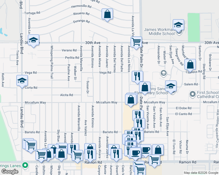 map of restaurants, bars, coffee shops, grocery stores, and more near 30750 Avenida Juarez in Cathedral City
