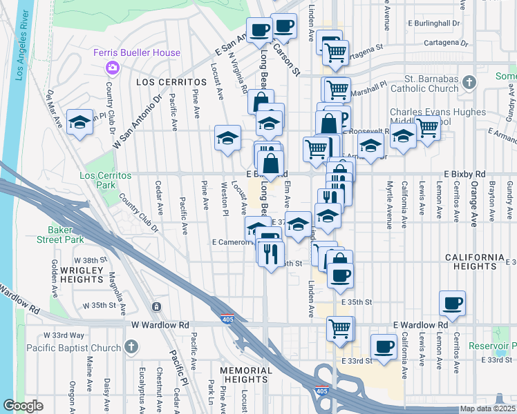 map of restaurants, bars, coffee shops, grocery stores, and more near 3737 Long Beach Boulevard in Long Beach