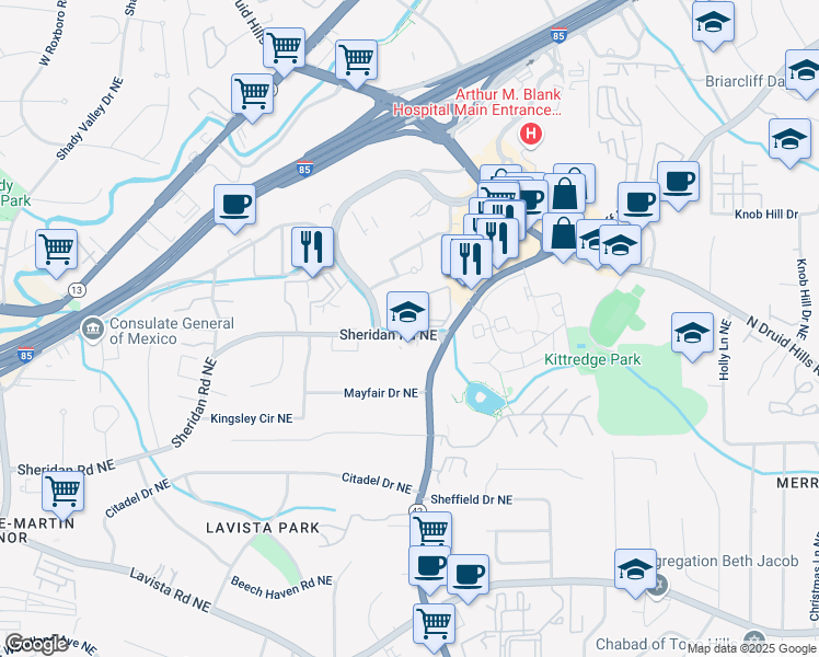 map of restaurants, bars, coffee shops, grocery stores, and more near 4018 Oak Park Circle Northeast in Atlanta