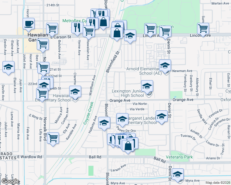 map of restaurants, bars, coffee shops, grocery stores, and more near 9454 Fleetwood Street in Cypress