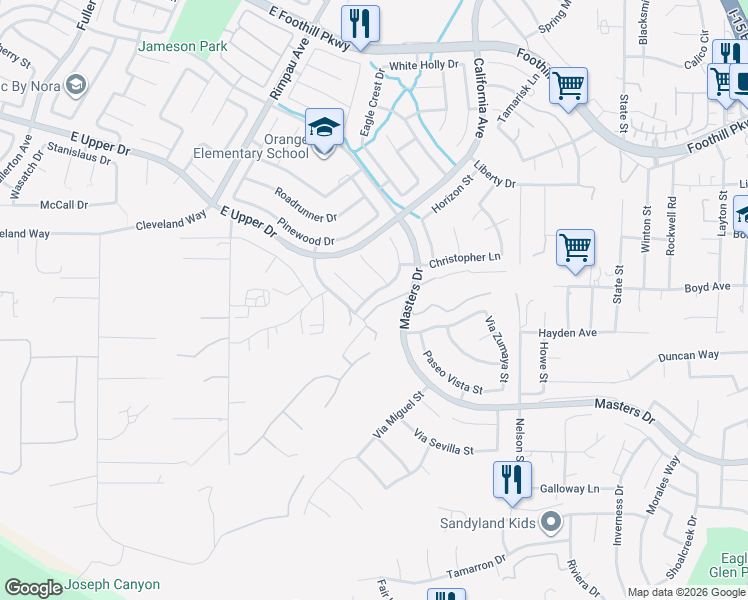 map of restaurants, bars, coffee shops, grocery stores, and more near 3659 Sunmeadow Street in Corona