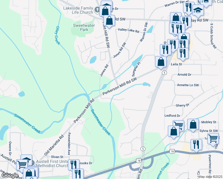 map of restaurants, bars, coffee shops, grocery stores, and more near 2334 Perkerson Mill Road Southwest in Austell