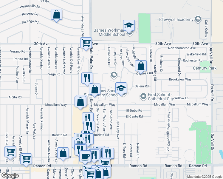 map of restaurants, bars, coffee shops, grocery stores, and more near 69205 Kemper Court in Cathedral City