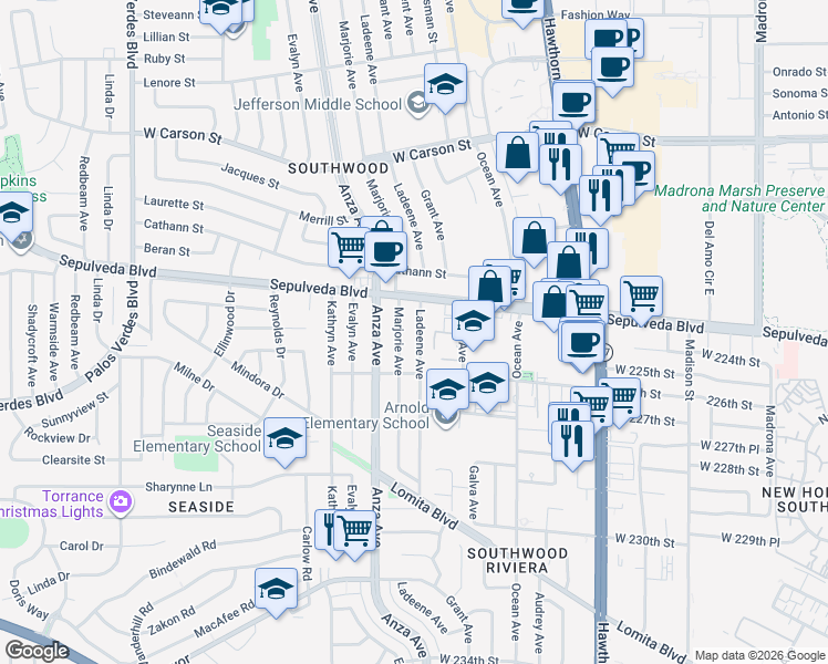 map of restaurants, bars, coffee shops, grocery stores, and more near 22415 Marjorie Avenue in Torrance
