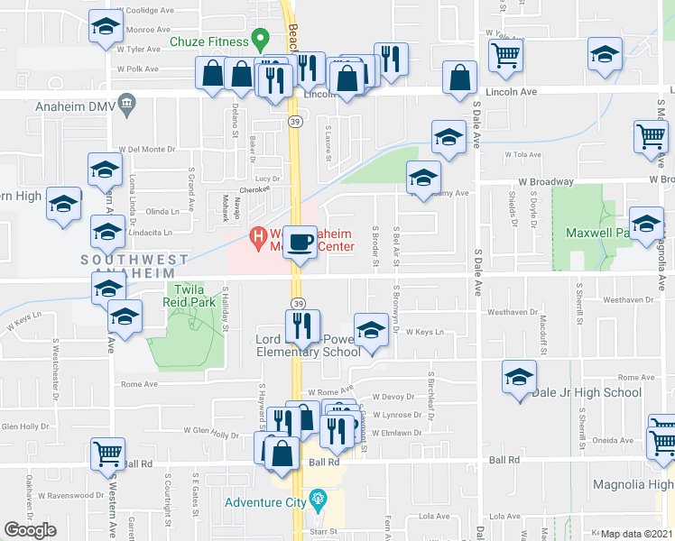 map of restaurants, bars, coffee shops, grocery stores, and more near 2957 West Orange Avenue in Anaheim