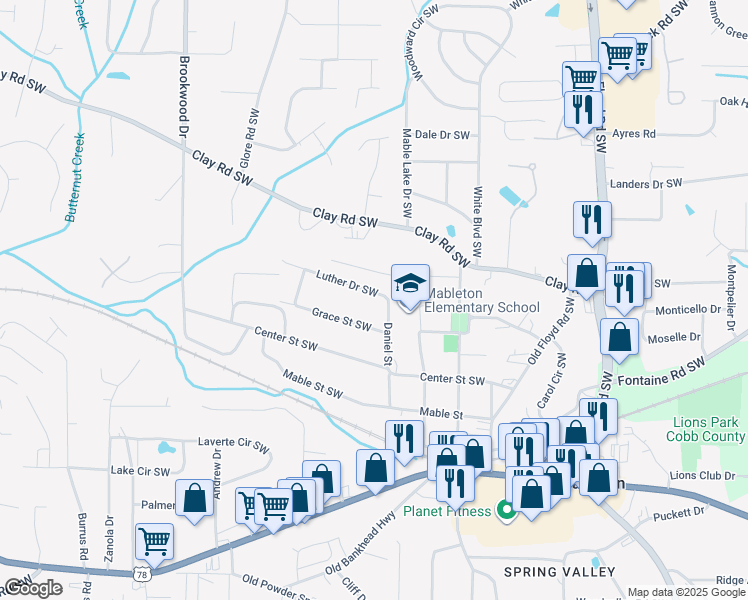 map of restaurants, bars, coffee shops, grocery stores, and more near 1071 Luther Drive Southwest in Mableton