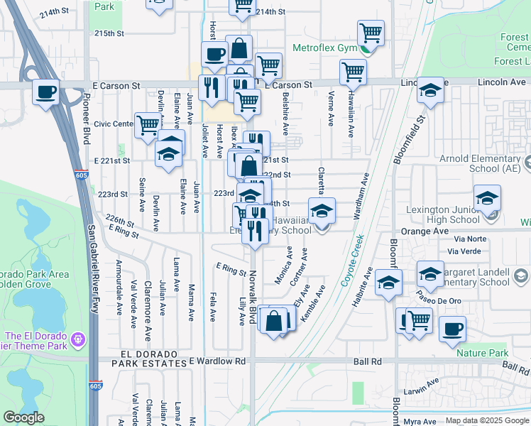 map of restaurants, bars, coffee shops, grocery stores, and more near 12219 Brittain Street in Hawaiian Gardens