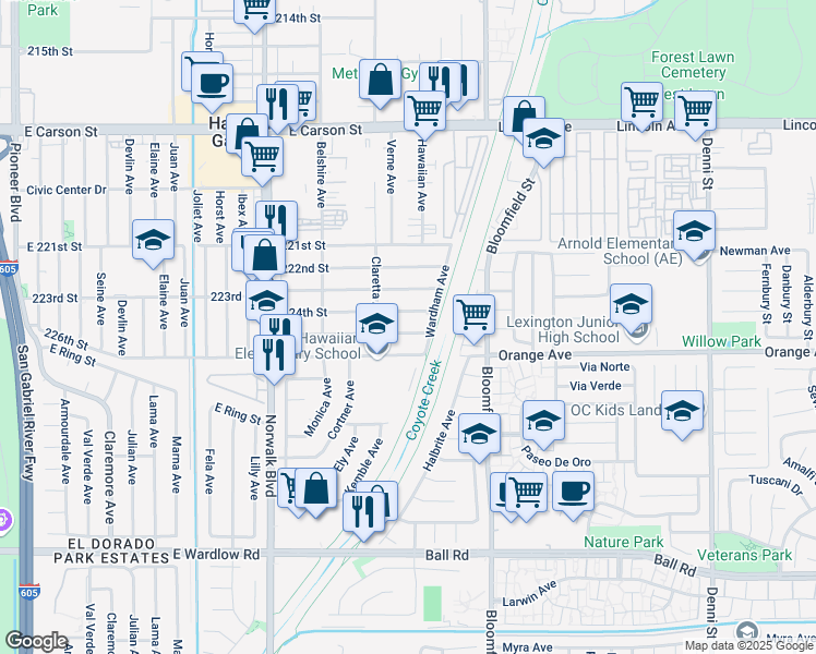 map of restaurants, bars, coffee shops, grocery stores, and more near 12433 Brittain St in Hawaiian Gardens