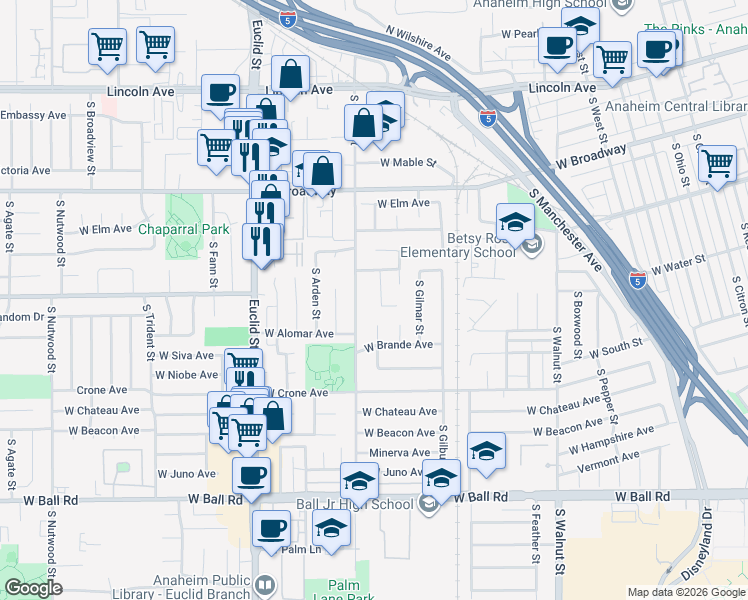 map of restaurants, bars, coffee shops, grocery stores, and more near 568 Sonya Street in Anaheim