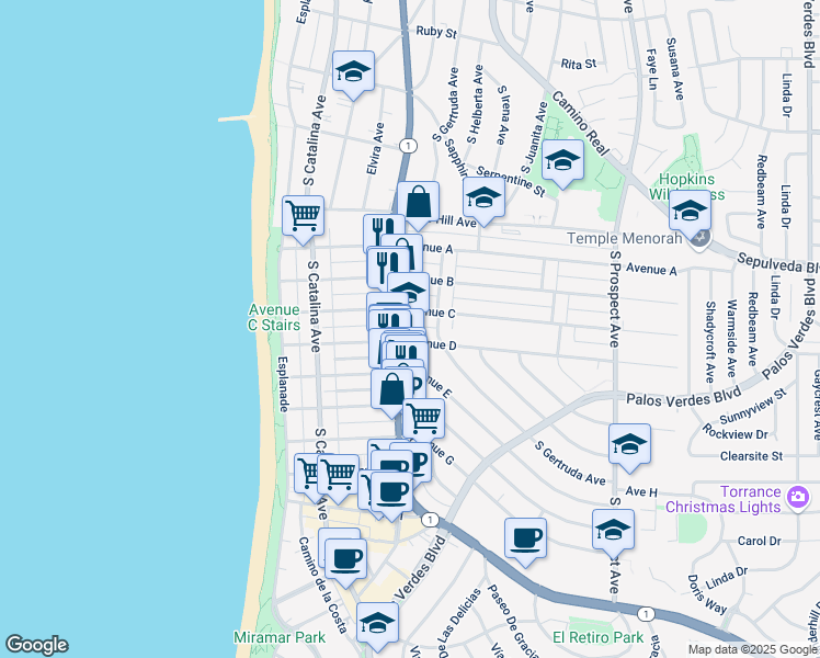 map of restaurants, bars, coffee shops, grocery stores, and more near 301 Avenue D in Redondo Beach