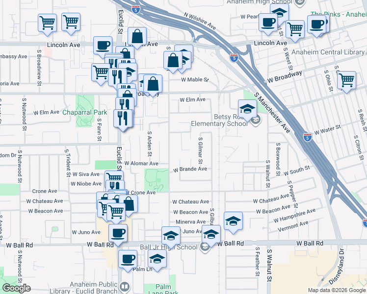 map of restaurants, bars, coffee shops, grocery stores, and more near 568 Sonya Street in Anaheim