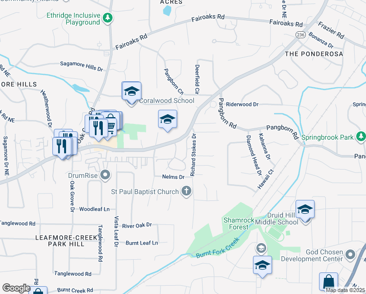 map of restaurants, bars, coffee shops, grocery stores, and more near 1506 Oakridge Court in Decatur