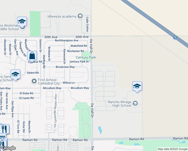 map of restaurants, bars, coffee shops, grocery stores, and more near 47 Via Del Rossi in Rancho Mirage