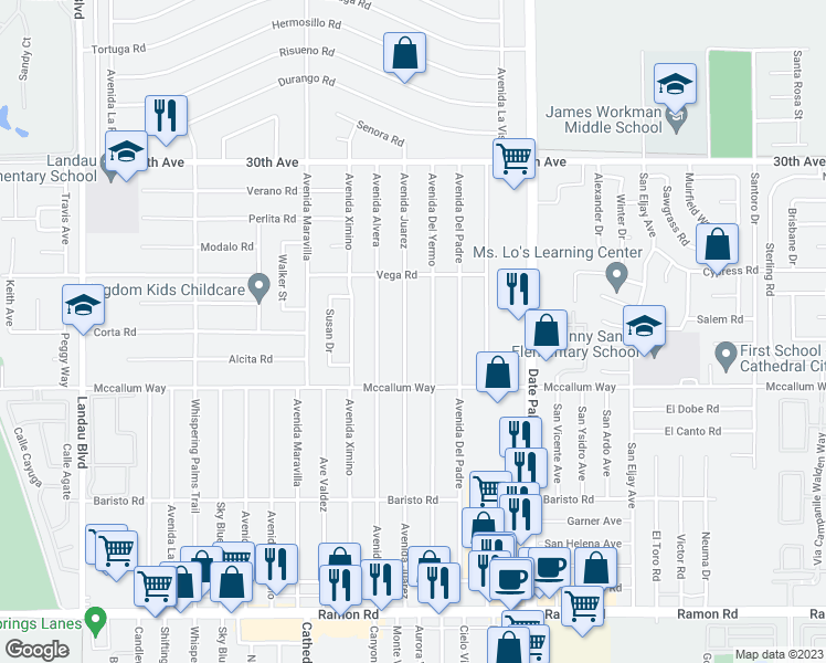 map of restaurants, bars, coffee shops, grocery stores, and more near 30750 Avenida Juarez in Cathedral City