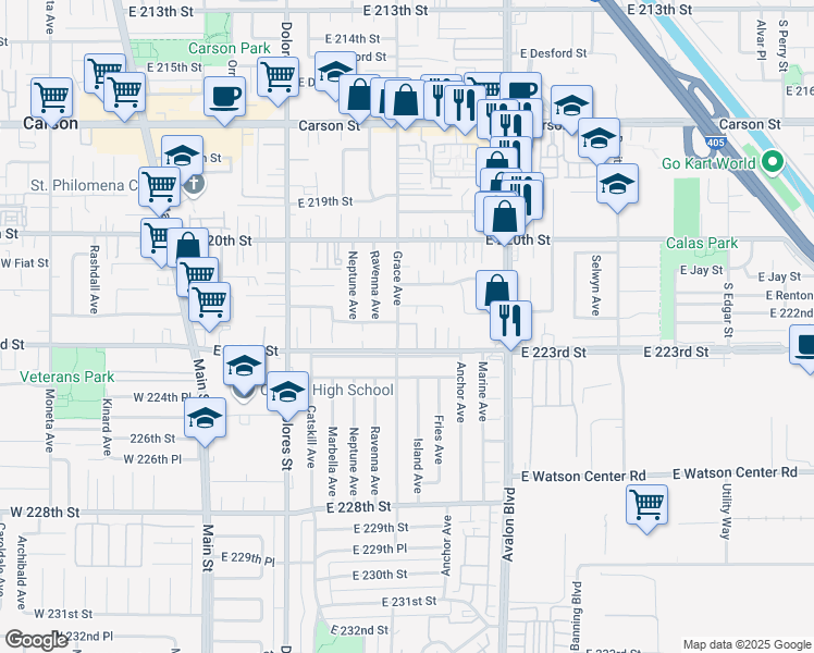 map of restaurants, bars, coffee shops, grocery stores, and more near 22222 Grace Avenue in Carson