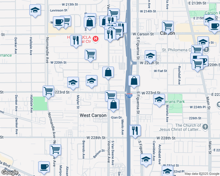map of restaurants, bars, coffee shops, grocery stores, and more near 22214 Vermont Avenue in Torrance