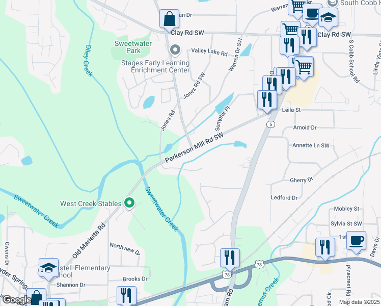 map of restaurants, bars, coffee shops, grocery stores, and more near 2291 Perkerson Mill Road Southwest in Austell