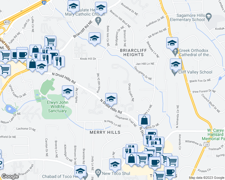 map of restaurants, bars, coffee shops, grocery stores, and more near 1501 High Haven Court Northeast in Atlanta