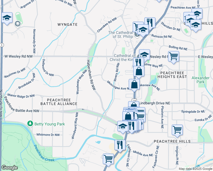 map of restaurants, bars, coffee shops, grocery stores, and more near 44 Muscogee Avenue Northwest in Atlanta